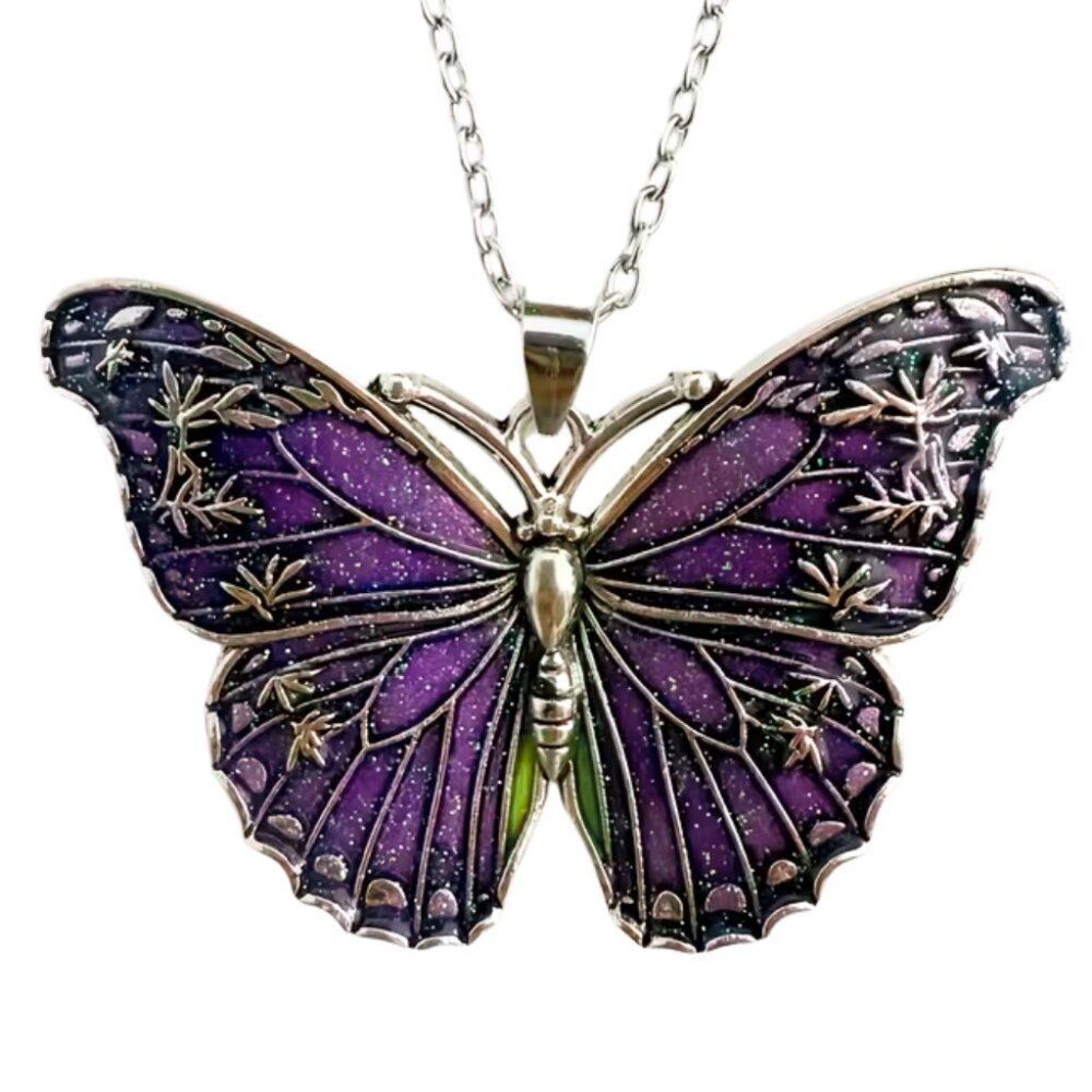 Purple Butterfly Necklace Oil Drop Enamel Purple Sparkle Antique Silvery Finish